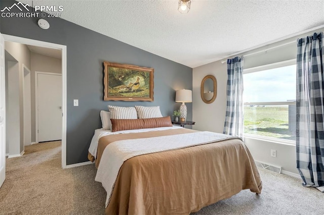 bedroom with carpet, a textured ceiling, and baseboards