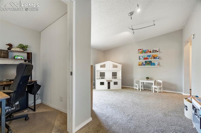 office with carpet flooring, a textured ceiling, and baseboards