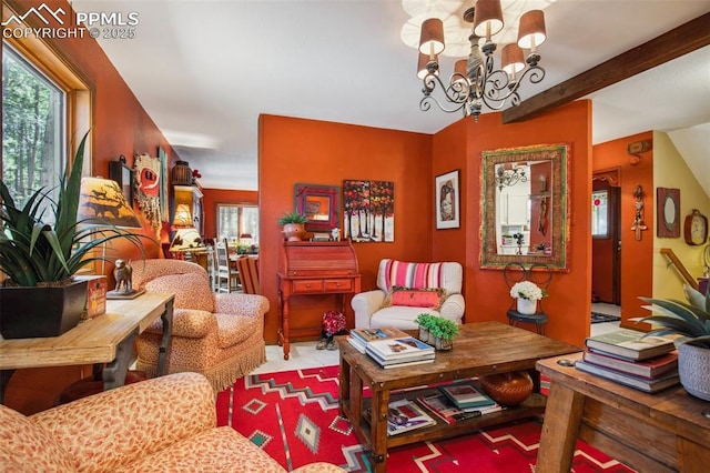 18045 Woodhaven Pl, Colorado Springs, CO 80908 - living room with a chandelier and beam ceiling
