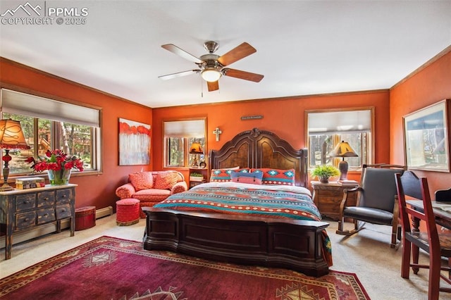 18045 Woodhaven Pl, Colorado Springs, CO 80908 - bedroom featuring carpet floors, baseboard heating, and a ceiling fan