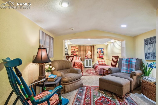 18045 Woodhaven Pl, Colorado Springs, CO 80908 - living room featuring arched walkways, carpet flooring, and lofted ceiling