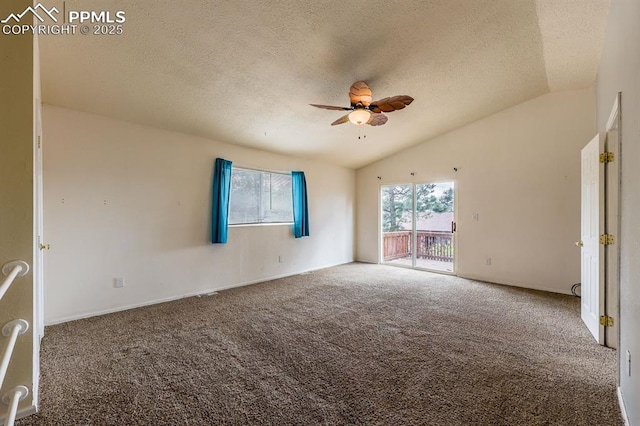 2760 Evergreen Rd, Colorado Springs, CO 80921 - spare room with a ceiling fan, lofted ceiling, carpet floors, a textured ceiling, and baseboards