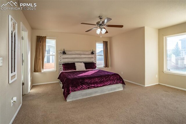 carpeted bedroom featuring multiple windows and baseboards
