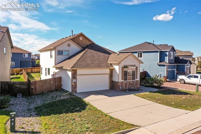 traditional-style house featuring an attached garage, driveway, a residential view, stone siding, and a shingled roof