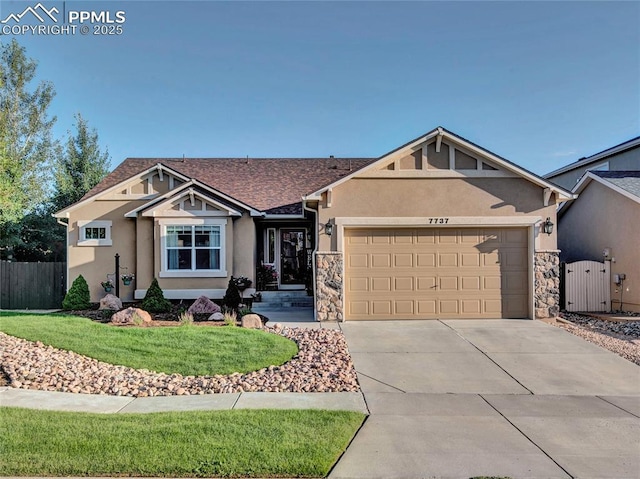 ranch-style home with stone siding, stucco siding, a garage, and driveway