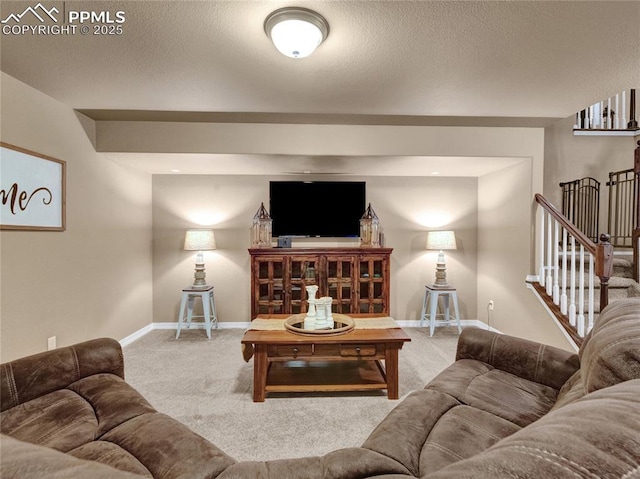 living area featuring carpet floors, stairway, and baseboards