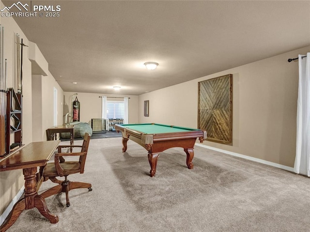 game room featuring carpet floors, billiards table, and baseboards