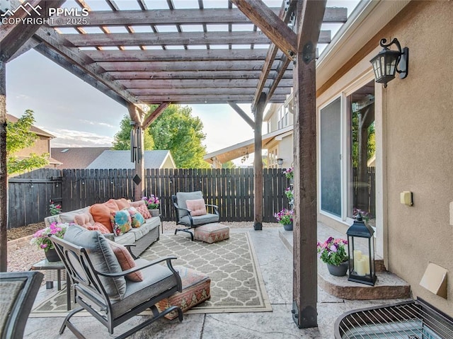 view of patio featuring an outdoor hangout area, fence, and a pergola