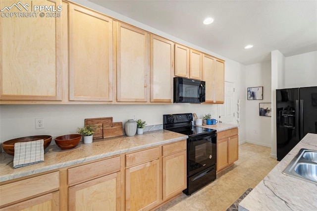 kitchen featuring light brown cabinets, black appliances, light countertops, baseboards, and recessed lighting