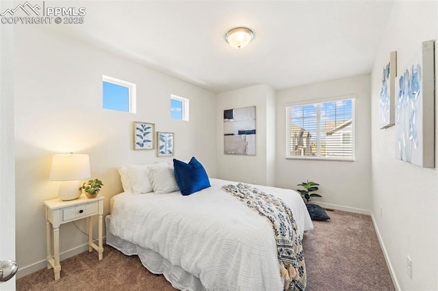 bedroom featuring carpet flooring, baseboards, and multiple windows