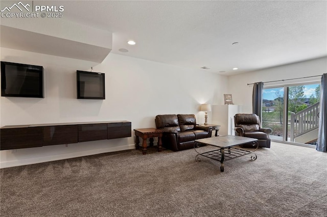 living area with carpet floors, recessed lighting, and baseboards