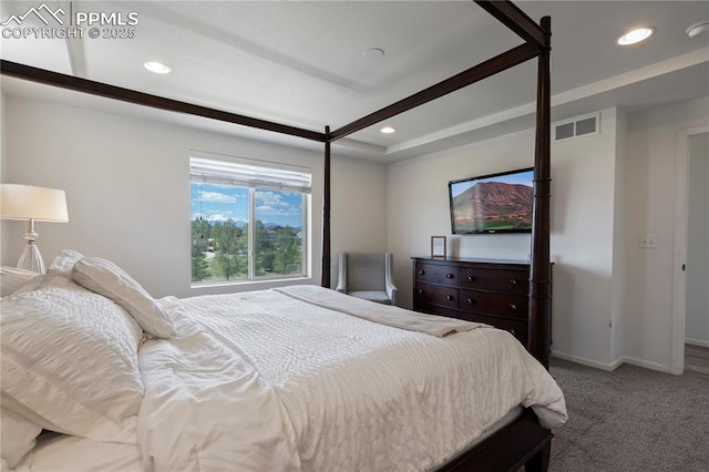 bedroom featuring carpet flooring, recessed lighting, baseboards, and beamed ceiling