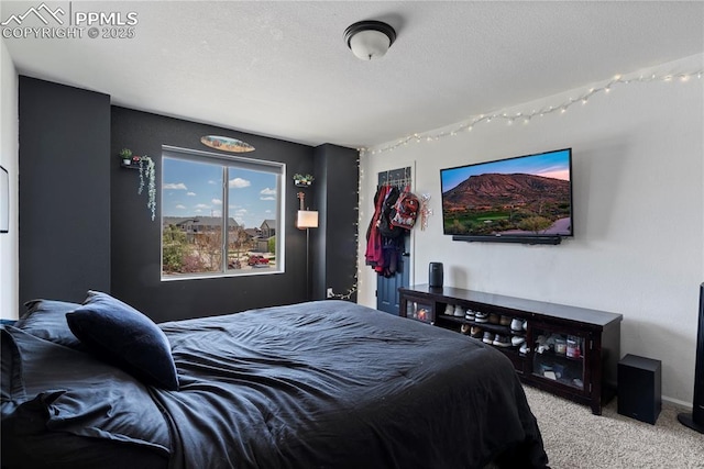 bedroom featuring carpet floors and a textured ceiling