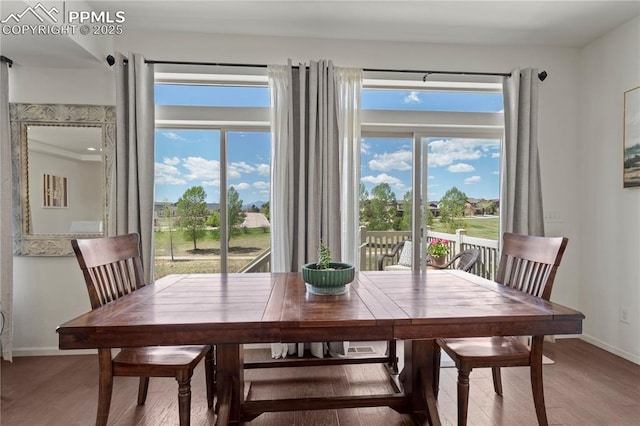 dining area featuring light wood-style floors, baseboards, and healthy amount of natural light