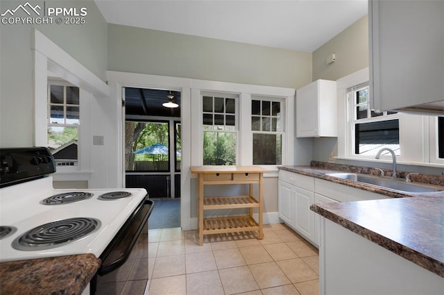 1505 Cheyenne Blvd, Colorado Springs, CO 80906 - kitchen with range with electric cooktop, a sink, dark countertops, and white cabinetry