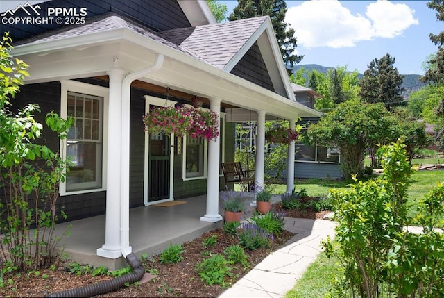 1505 Cheyenne Blvd, Colorado Springs, CO 80906 - doorway to property with covered porch, a shingled roof, and a mountain view