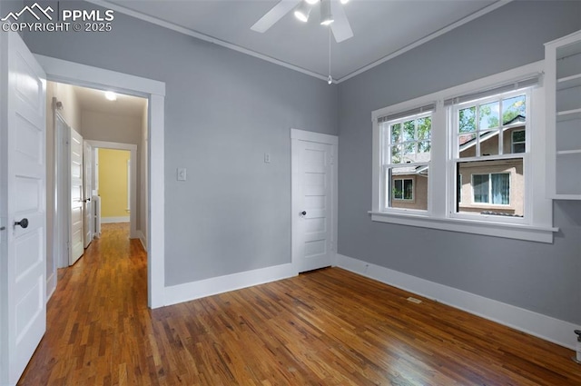 1505 Cheyenne Blvd, Colorado Springs, CO 80906 - empty room featuring ornamental molding, wood finished floors, a ceiling fan, and baseboards