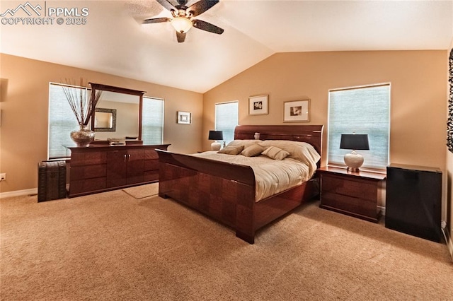 12250 Smoke Bluffs Rd, Peyton, CO 80831 - bedroom with light carpet, vaulted ceiling, ceiling fan, and baseboards