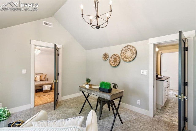 825 N Wahsatch Ave, Colorado Springs, CO 80903 - office space with light carpet, lofted ceiling, a chandelier, and baseboards