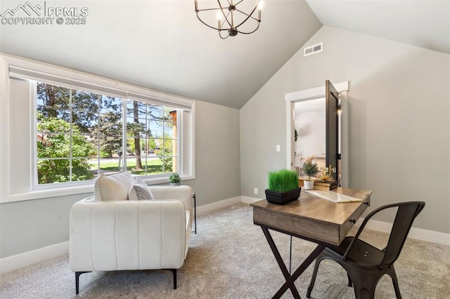 825 N Wahsatch Ave, Colorado Springs, CO 80903 - carpeted home office featuring baseboards, a chandelier, and vaulted ceiling