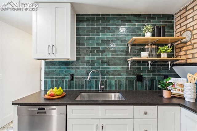825 N Wahsatch Ave, Colorado Springs, CO 80903 - kitchen featuring a sink, dishwasher, tasteful backsplash, white cabinets, and open shelves