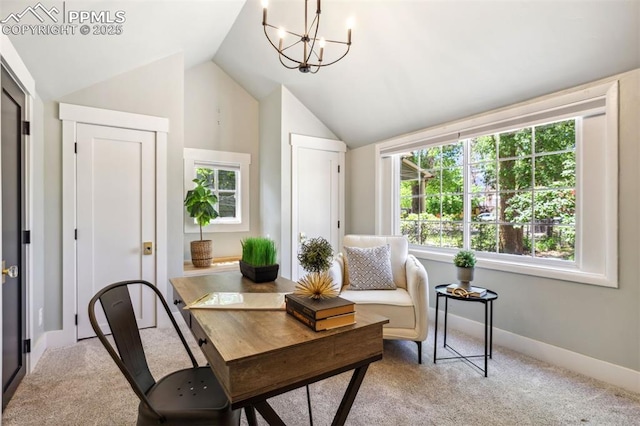825 N Wahsatch Ave, Colorado Springs, CO 80903 - carpeted office space with lofted ceiling, plenty of natural light, a chandelier, and baseboards