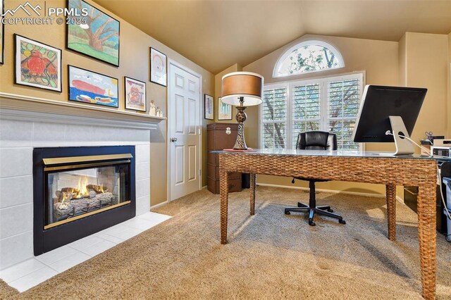 8005 Hedgewood Way, Colorado Springs, CO 80919 - carpeted office with vaulted ceiling and a tiled fireplace