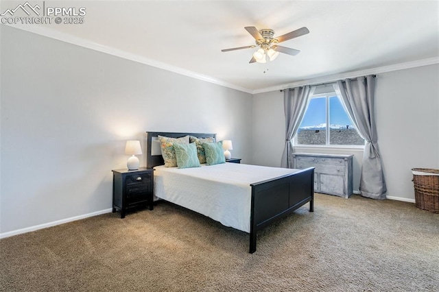 carpeted bedroom featuring ornamental molding, baseboards, and ceiling fan