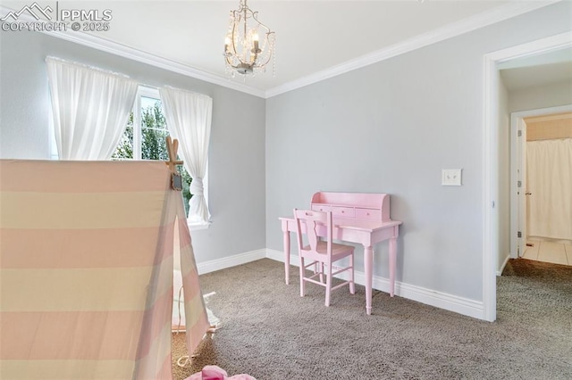 carpeted bedroom featuring ornamental molding, a chandelier, and baseboards