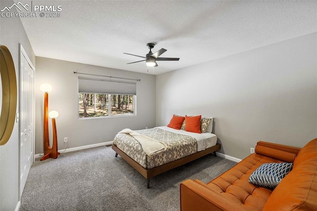 6940 Franciville Rd, Colorado Springs, CO 80908 - bedroom with baseboards, a textured ceiling, carpet, and a ceiling fan