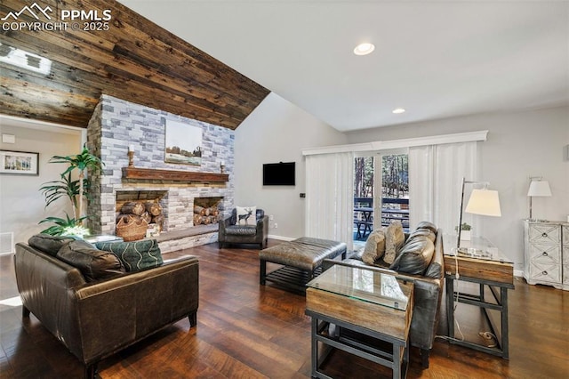 6940 Franciville Rd, Colorado Springs, CO 80908 - living area featuring a stone fireplace, wood finished floors, baseboards, recessed lighting, and high vaulted ceiling