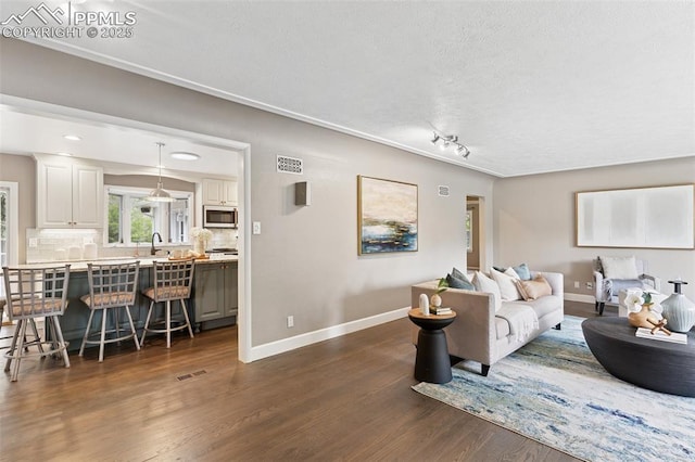 603 Three Eagles St, Colorado Springs, CO 80905 - living area with baseboards, dark wood-style floors, a textured ceiling, and track lighting