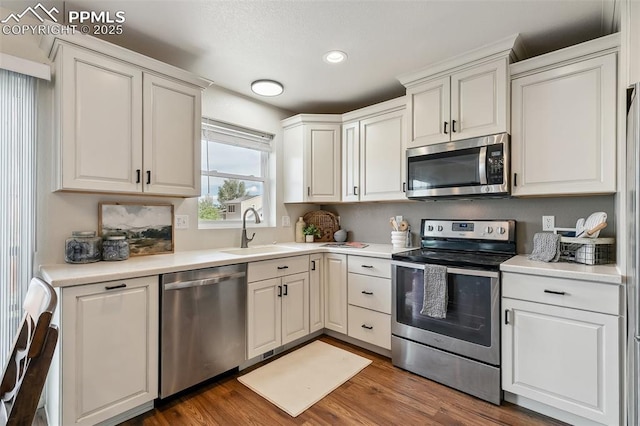 8463 Shadow Run Ln, Fountain, CO 80817 - kitchen with appliances with stainless steel finishes, a sink, light countertops, wood finished floors, and recessed lighting