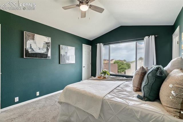 8463 Shadow Run Ln, Fountain, CO 80817 - bedroom featuring carpet floors, lofted ceiling, baseboards, and a ceiling fan