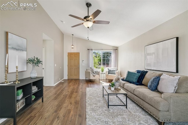 8463 Shadow Run Ln, Fountain, CO 80817 - living room featuring lofted ceiling, wood finished floors, ceiling fan, and baseboards