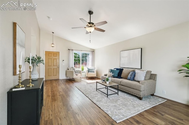 8463 Shadow Run Ln, Fountain, CO 80817 - living area featuring a ceiling fan, wood finished floors, lofted ceiling, and baseboards