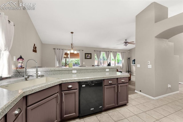 629 Golden Eagle Dr, Colorado Springs, CO 80916 - kitchen with dishwasher, a sink, arched walkways, light countertops, and a ceiling fan