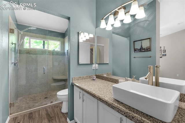 629 Golden Eagle Dr, Colorado Springs, CO 80916 - bathroom featuring wood finished floors, a stall shower, toilet, and vanity