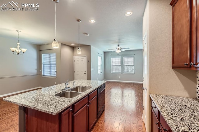 8883 White Prairie Vw, Colorado Springs, CO 80924 - kitchen featuring a sink, open floor plan, light wood-style flooring, a center island with sink, and pendant lighting