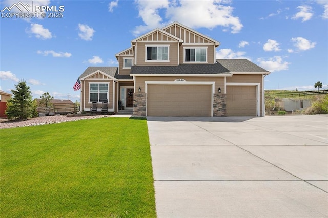 craftsman-style home featuring driveway, a garage, stone siding, and a shingled roof