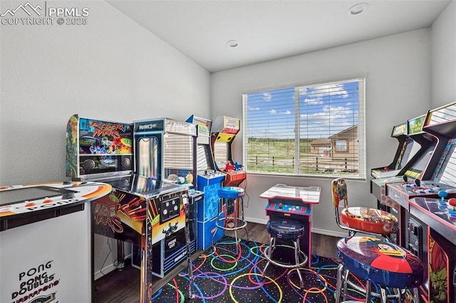 game room featuring wood finished floors, baseboards, and recessed lighting