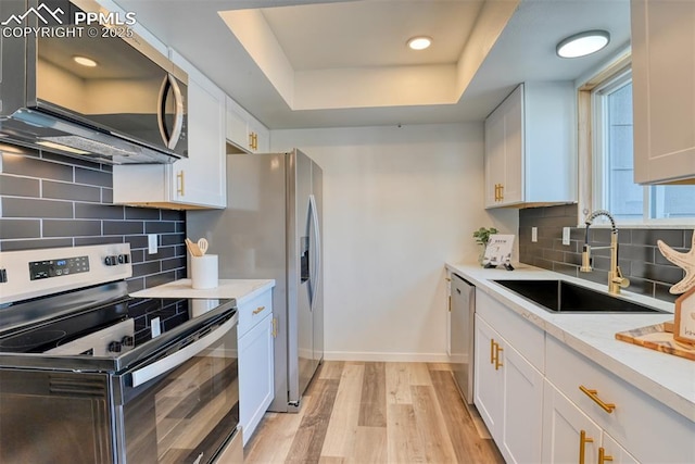 1228 Soaring Eagle Dr, Colorado Springs, CO 80915 - kitchen featuring stainless steel appliances, a sink, light wood-style flooring, white cabinets, and a tray ceiling
