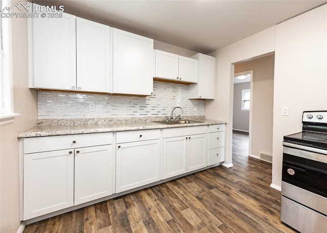 909 E Costilla St, Colorado Springs, CO 80903 - kitchen featuring a sink, stainless steel electric stove, decorative backsplash, baseboards, and white cabinetry