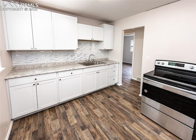 909 E Costilla St, Colorado Springs, CO 80903 - kitchen with electric stove, a sink, decorative backsplash, dark wood-type flooring, and white cabinetry