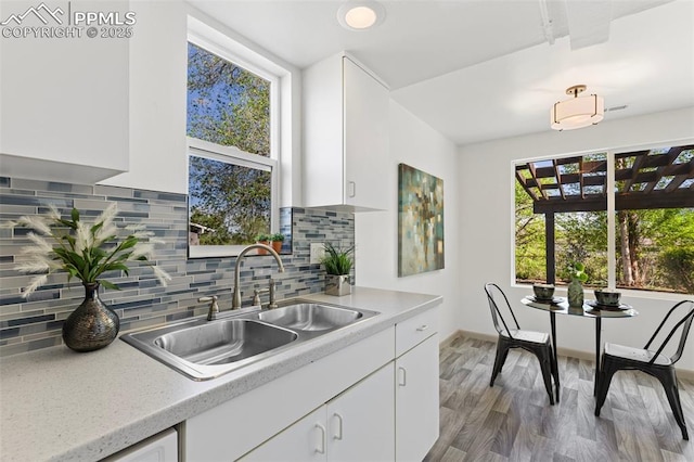 2115 Friendship Cir, Colorado Springs, CO 80904 - kitchen featuring a sink, white cabinets, light countertops, wood finished floors, and decorative backsplash