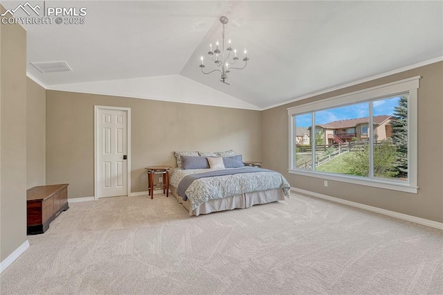 2044 Coldstone Way, Colorado Springs, CO 80921 - bedroom with vaulted ceiling, carpet floors, baseboards, and a chandelier