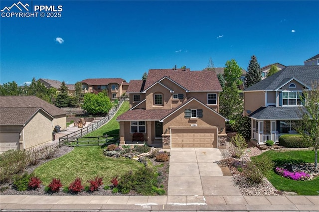 2044 Coldstone Way, Colorado Springs, CO 80921 - traditional home with stucco siding, a residential view, concrete driveway, and covered porch