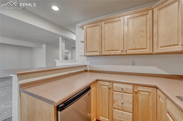 9524 Pinebrook Way, Colorado Springs, CO 80920 - kitchen featuring light brown cabinets, refrigerator, carpet, light countertops, and recessed lighting