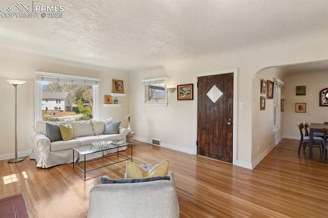 1003 N Institute St, Colorado Springs, CO 80903 - living room with a textured ceiling, wood finished floors, baseboards, and arched walkways
