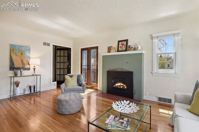 1003 N Institute St, Colorado Springs, CO 80903 - living room with french doors, wood finished floors, a textured ceiling, a fireplace with flush hearth, and baseboards